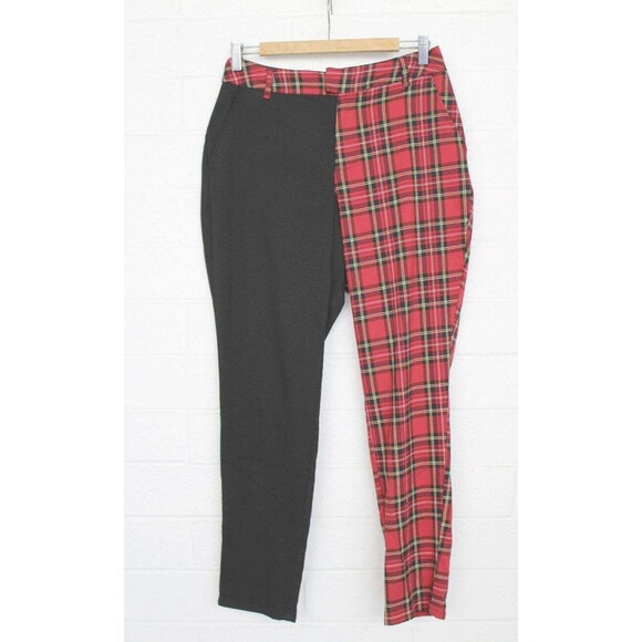 Hot Topic Large Solid Black Red Plaid Split Leg Pants Punk Rock Pockets - Picture 1 of 7